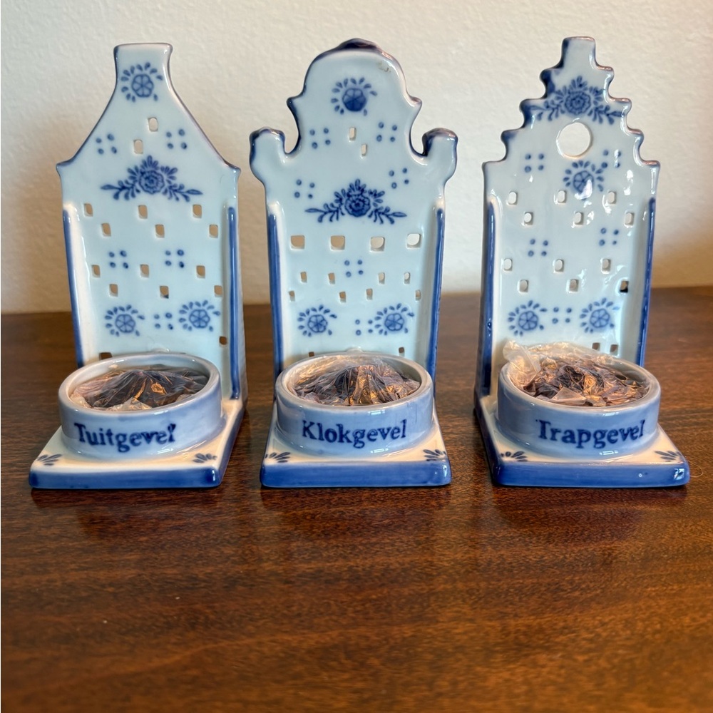 Dutch Delft-Style Blue & White Ceramic Tealight Holders - Set of 3